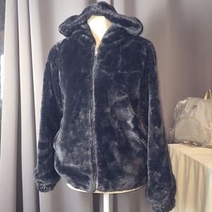 Urban Outfitters Faux Fur Hooded Jacket – Cozy Black, VGUC